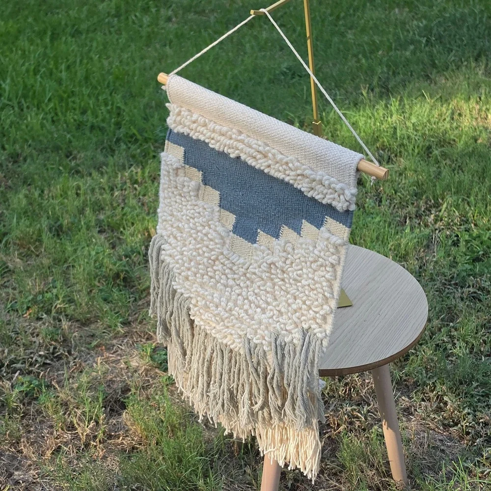 Woven Cotton Wool Wall Hanging Blue Cream Geometric Boho Fringe Decor RN 117103